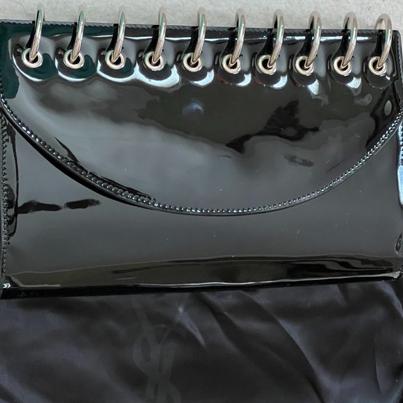 YSL Yves Saint Laurent Black Patent Spiral Clutch Dust Bag Card Purse HOST PICK - Picture 1 of 8
